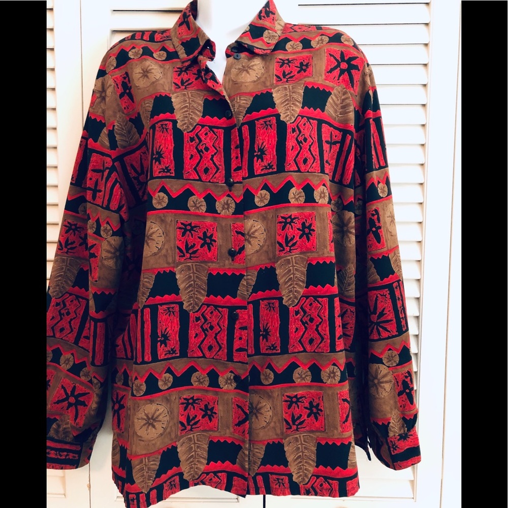 Womens Long Sleeve Button-Up Top in Red and Brown